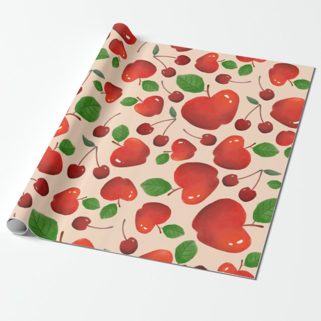 Papier Cadeau Cadeau Motif Retro Red Cherry Fruit Orchard (Déroulé)