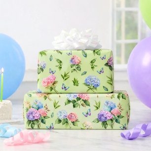Papier Cadeau Cadeau Papillon Hydrangea Floral Élégant Vert