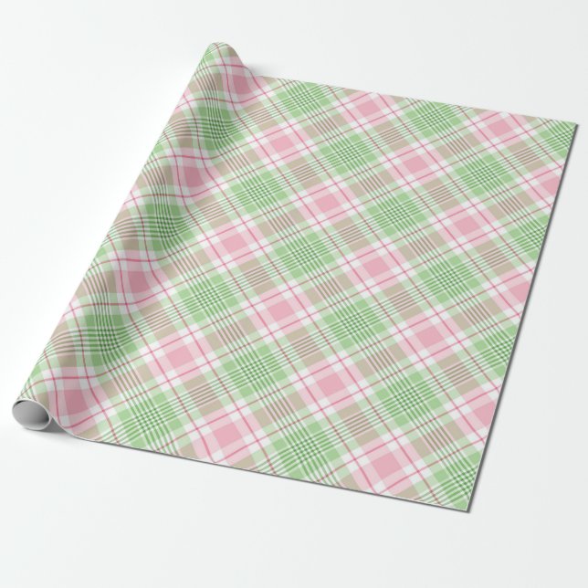 Papier Cadeau Cadeau Pink Vert Plaid Printemps Été (Déroulé)