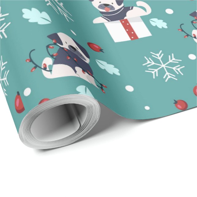 Papier Cadeau Cadeaux de chien de Noël et flocons de neige (Coin rond)