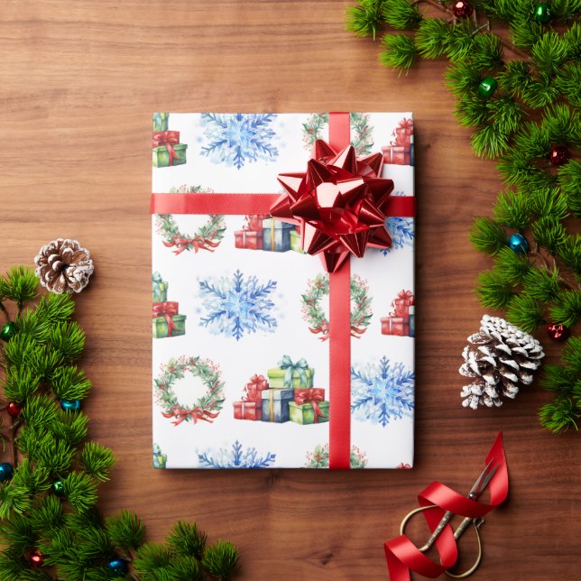 Papier Cadeau Cadeaux de Noël, couronnes et flocons de neige (Cadeau de vacances)