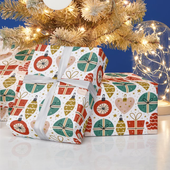 Papier Cadeau Cadeaux de Noël Ornements Gants Étoiles Vacances (Vacances)