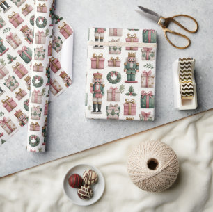 Papier Cadeau Cadeaux roses avec casse-noisette des Fêtes
