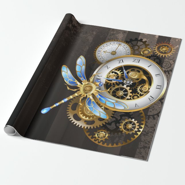 Papier Cadeau Cadran Steampunk avec libellule (Déroulé)