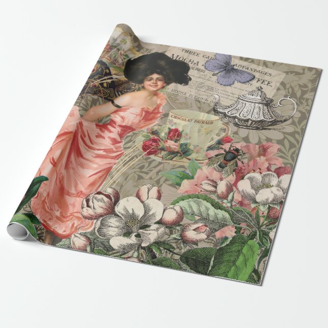 Papier Cadeau Café Lady Victorian Femme Rose Classy (Déroulé)