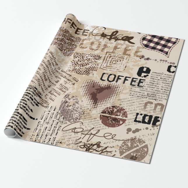 Papier Cadeau Café. motif de café Abstrait sur fond brun (Déroulé)