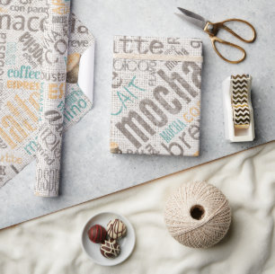 Papier Cadeau Café sur Burlap Word Cloud Turquoise ID283