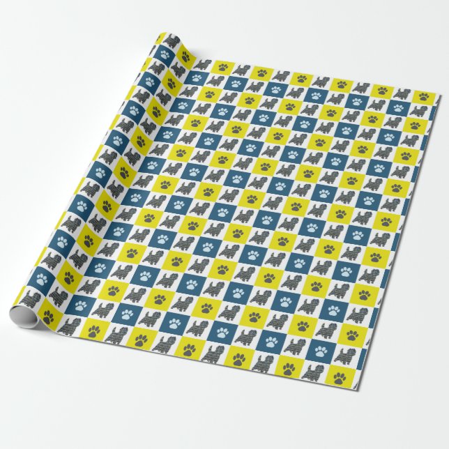 Papier Cadeau Cairn Terrier Chien & Paw Yellow & Blue Grid (Déroulé)