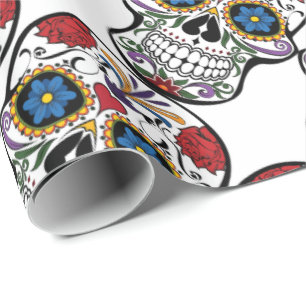 Papier Cadeau Calavera Sugar Skull Floral Rouge Blanc Bleu