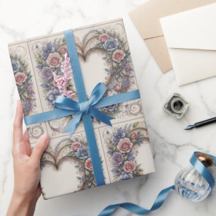 Papier Cadeau Calligraphie Coeurs et Roses Mariages