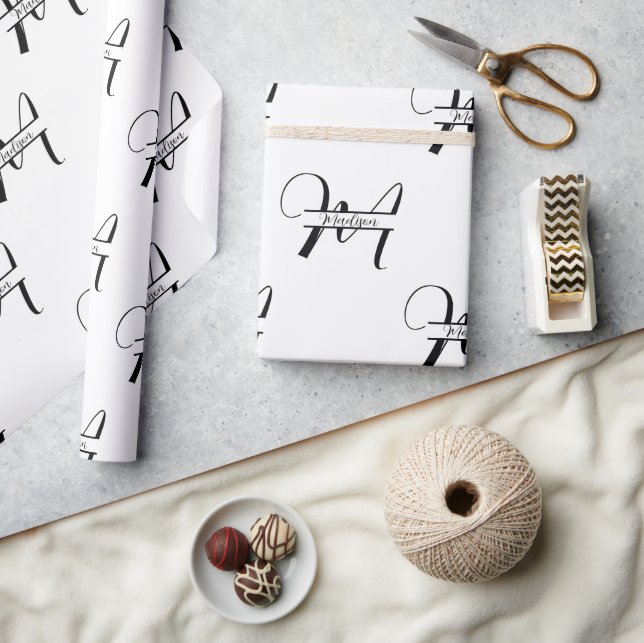 Papier Cadeau Calligraphie de script Noir & Blanc Nom Monogramme (Artisanat)