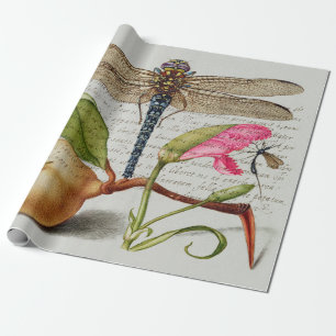 Papier Cadeau Calligraphie (libellule, oeillet et poire) 