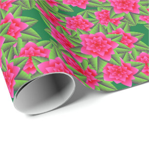 Papier Cadeau Camélias rose fuchsia et feuilles vertes