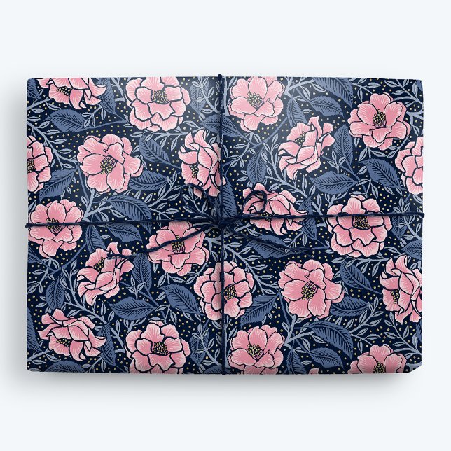 Papier Cadeau Camellia Bleu et Rose Véritable Floral (Créateur téléchargé)