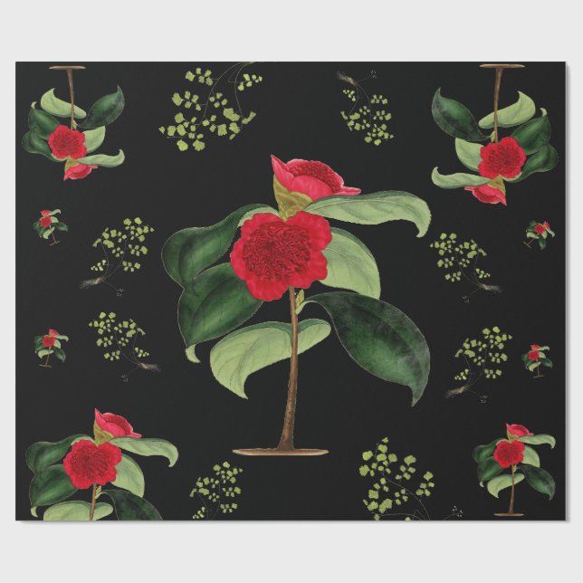 Papier Cadeau Camellia Japonica au papier d'emballage de minuit (Plat)