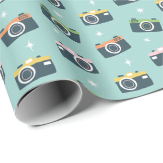 Papier Cadeau Caméra rétro sur bleu clair