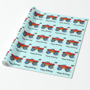Papier Cadeau Camion de monstre avec le joyeux anniversaire de