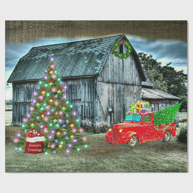 Papier Cadeau Camion de Noël rustique Arbre de Noël à la ferme (Plat)