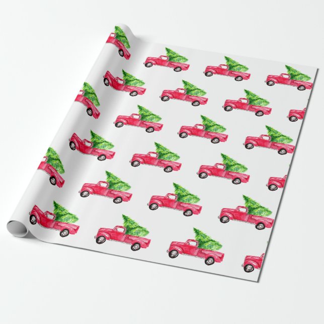 Papier Cadeau Camion de ramassage rouge Arbre de Noël Aquarelle  (Déroulé)