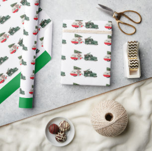 Papier Cadeau camion festif et camper Noël rouge et vert