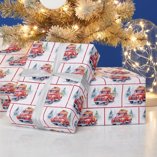 Papier Cadeau Camion Rouge Rétro Aquarelle Dans Les Flammes De N (Vacances)