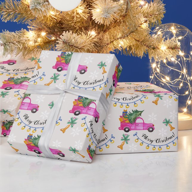 Papier Cadeau Camion Rouge Rose De Noël Avec Arbre Et Souhaits (Vacances)