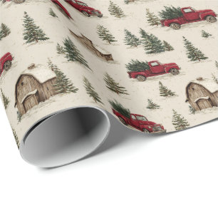 Papier Cadeau Camionnette Rouge Vintage Transportant des Sapins
