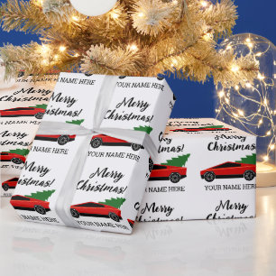 Papier Cadeau Camionnette Tesla rouge avec sapin de Noël