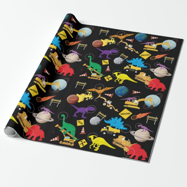 Papier Cadeau Camions de construction Astronaut Dinosaures dans  (Déroulé)