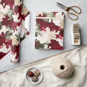 Papier Cadeau Camo Crème Rouge Vert