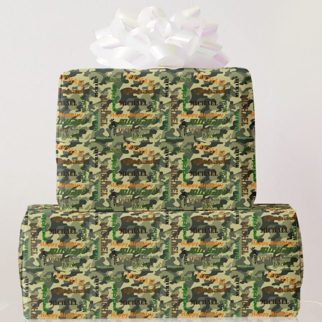Papier Cadeau Camo Custom NAME Joyeux cadeau d'anniversaire (Créateur téléchargé)