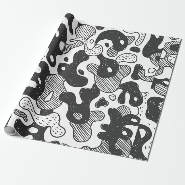 Papier Cadeau camouflage abstrait style doodé, noir (Déroulé)
