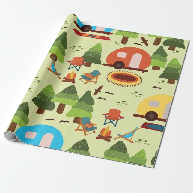 Papier Cadeau Camping - caravane, chaises de camping, cheminée (Déroulé)