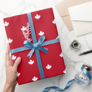 Papier Cadeau Canada Feuille d'érable blanche sur Motif rouge