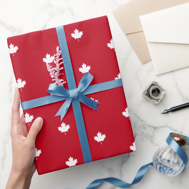 Papier Cadeau Canada Feuille d'érable blanche sur Motif rouge (Cadeaux)
