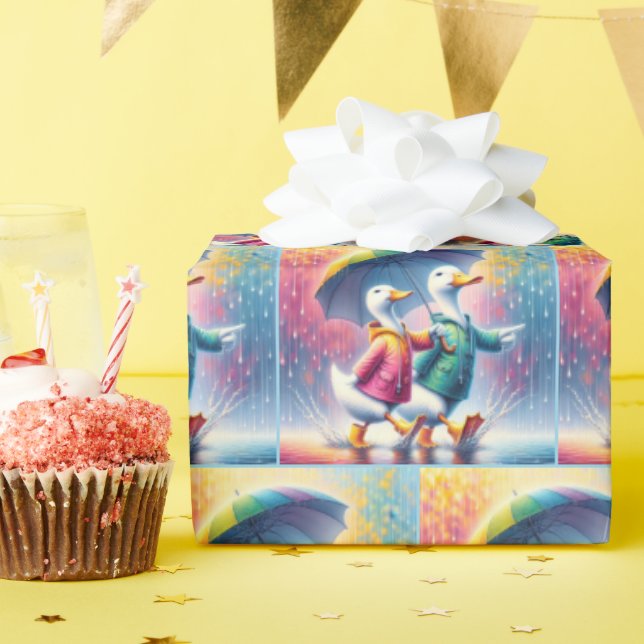 Papier Cadeau Canards Blancs Marchant Dans La Pluie (Fête d'anniversaire)