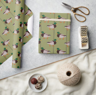 Papier Cadeau Canards colverts aux rayures vertes d'olive