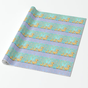 Papier Cadeau Canards mignons sur Damas violet turquoise