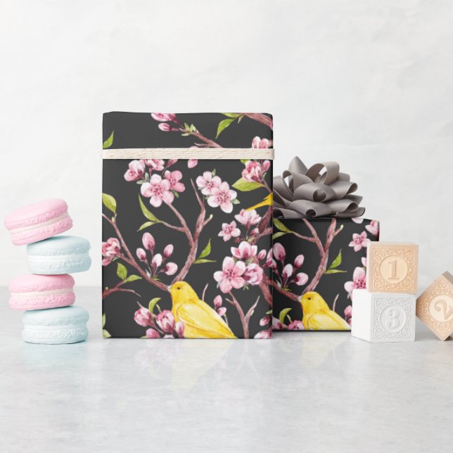 Papier Cadeau Canaries Jaunes Et Fleurs De Cerisiers Enveloppant (Baby Shower)
