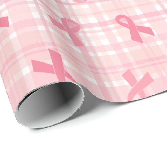 Papier Cadeau Cancer du sein Pink Ribbon Plaid Motif (Coin rond)