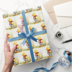 Papier Cadeau Caneton à l'aquarelle portant une salopette en jea