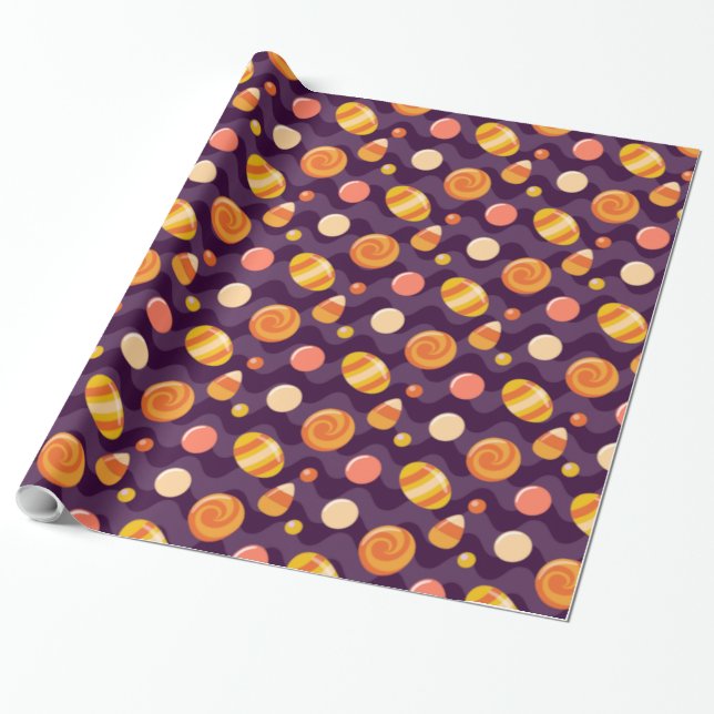 Papier Cadeau Canettes de maïs d'Halloween sur violet (Déroulé)