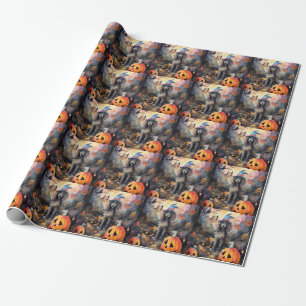 Papier Cadeau Caniche D'Halloween Avec Peur Citrouille