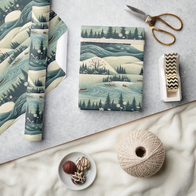 Papier Cadeau Canoë Voyage et rivière Flux Plumes Design Motif (Artisanat)