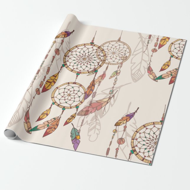 Papier Cadeau Capteur de rêve bohème avec perles et plumes, se (Déroulé)