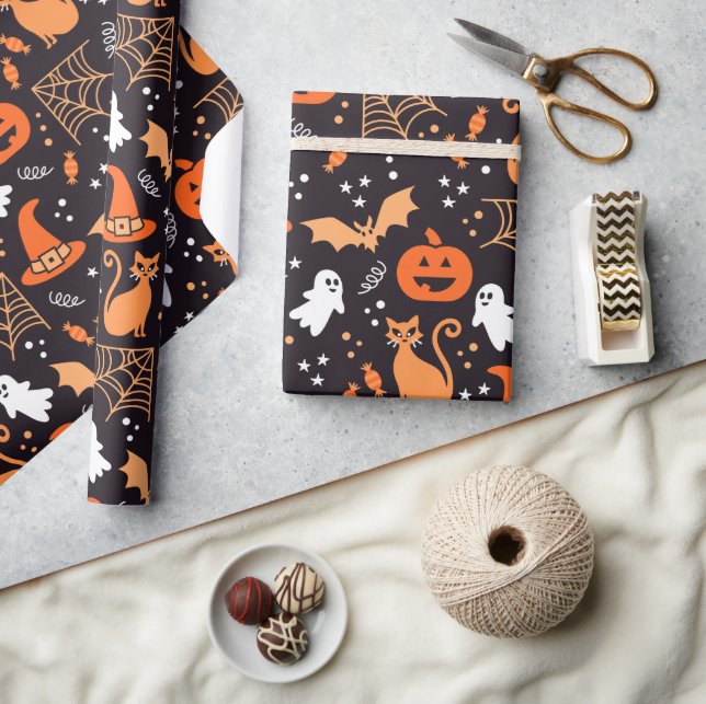 Papier Cadeau Caractères d'halloween illustrés mignons sur bg no (Artisanat)