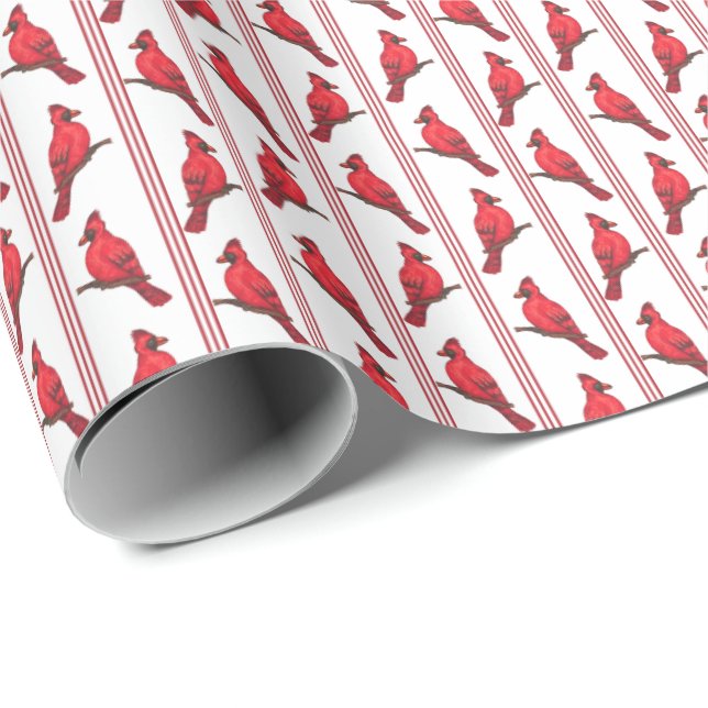 Papier Cadeau Cardinal Bird Stripes Wrapping Paper (Coin rond)