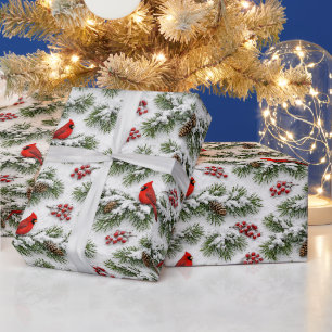 Papier Cadeau Cardinal rouge de Noël Épinette enneigée