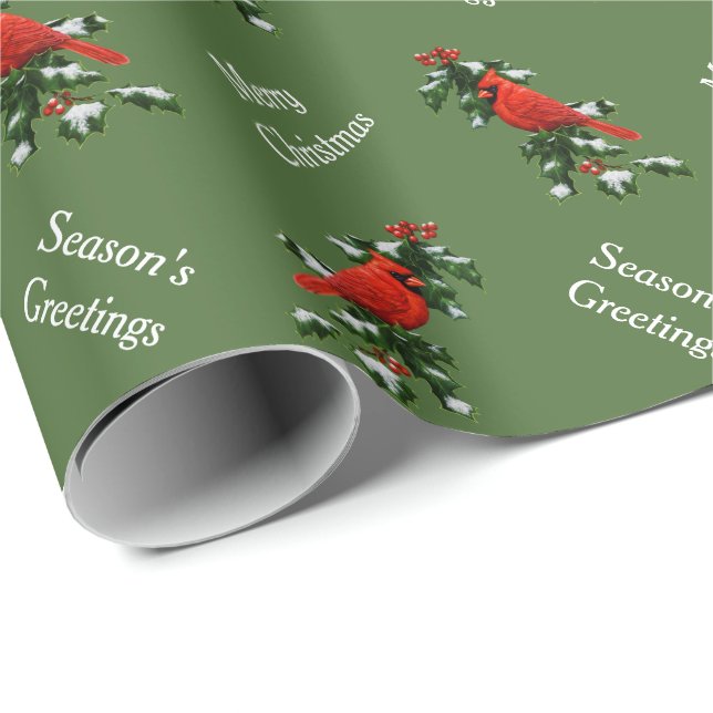 Papier Cadeau Cardinal rouge homme et Holly Green (Coin rond)