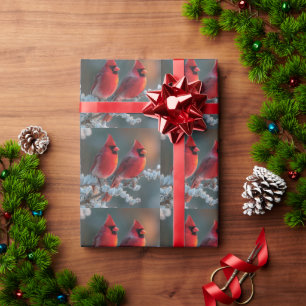 Papier Cadeau Cardinaux boréals rouges perchés sur une branche g